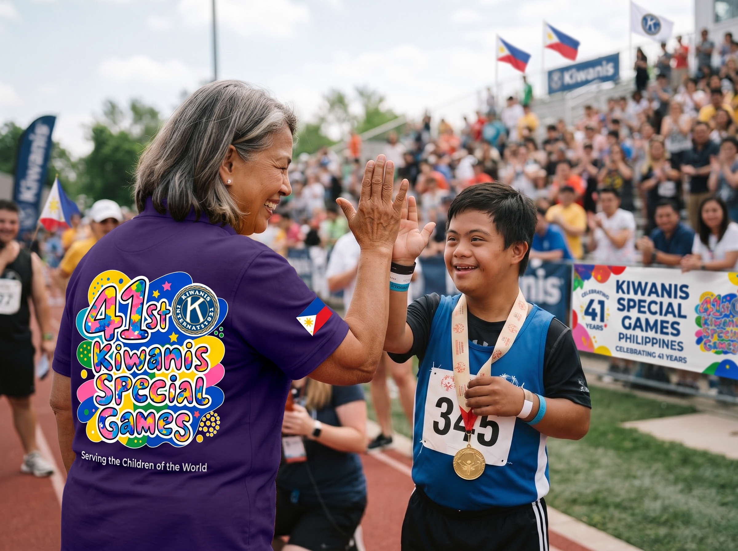 A Kiwanis volunteer high-fiving a smiling young athlete holding a gold medal